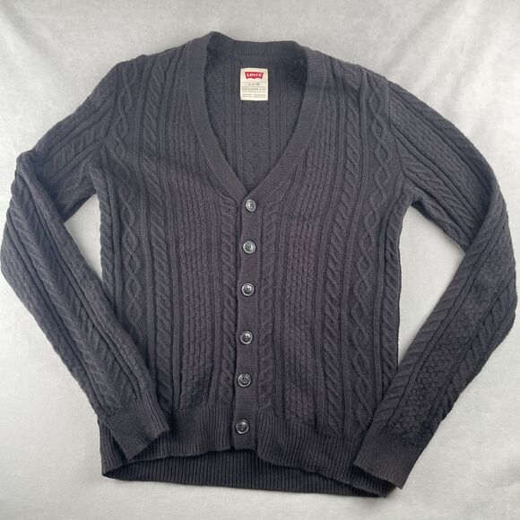 Levi's Cardigan Sweater Men S Black Cable Knit Button V Neck Classic Preppy Fall - Picture 1 of 7